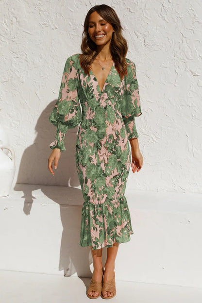 Vestido Floral Mujer Mangas Amplias Elegante