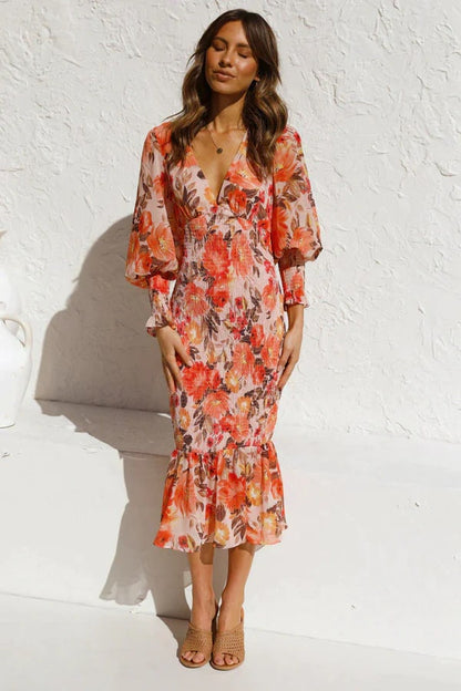 Vestido Floral Mujer Mangas Amplias Elegante