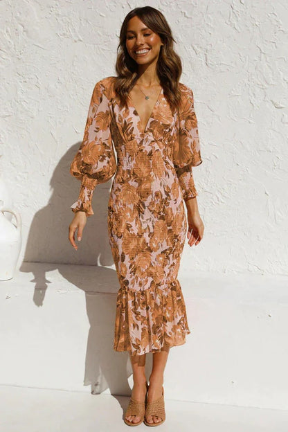 Vestido Floral Mujer Mangas Amplias Elegante