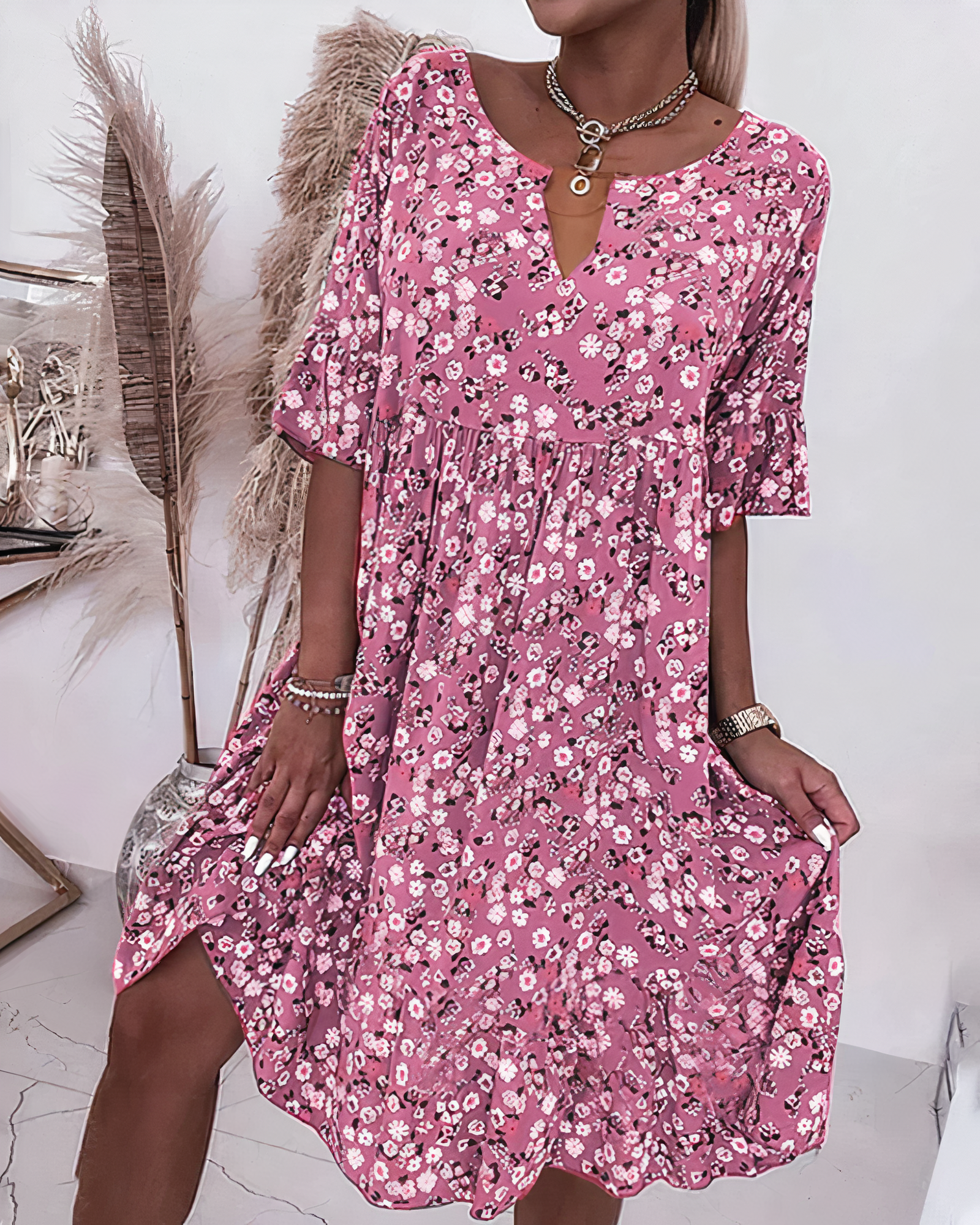 Vestido de flores manga corta - Vestiria
