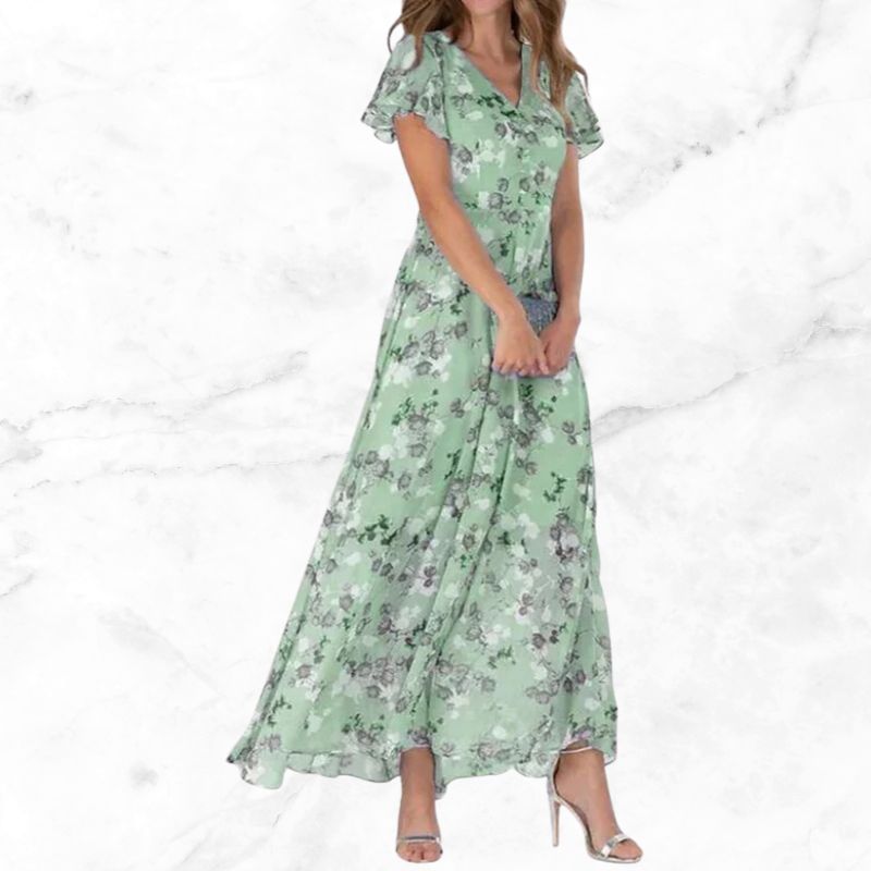 Vestido Floral Elegante con Volantes y Cuello en V