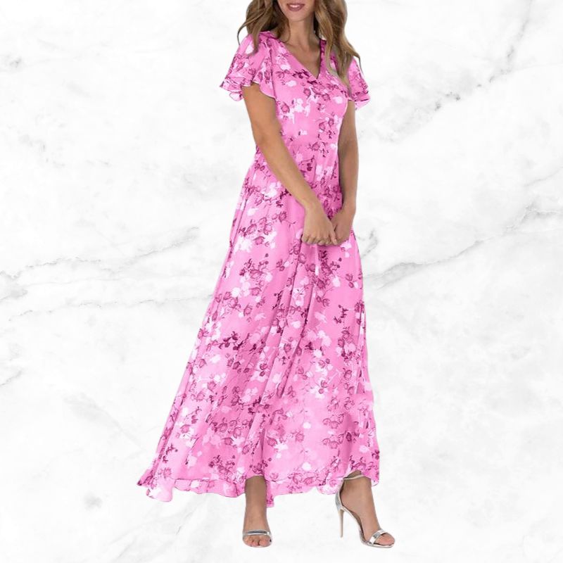 Vestido Floral Elegante con Volantes y Cuello en V - Vestiria