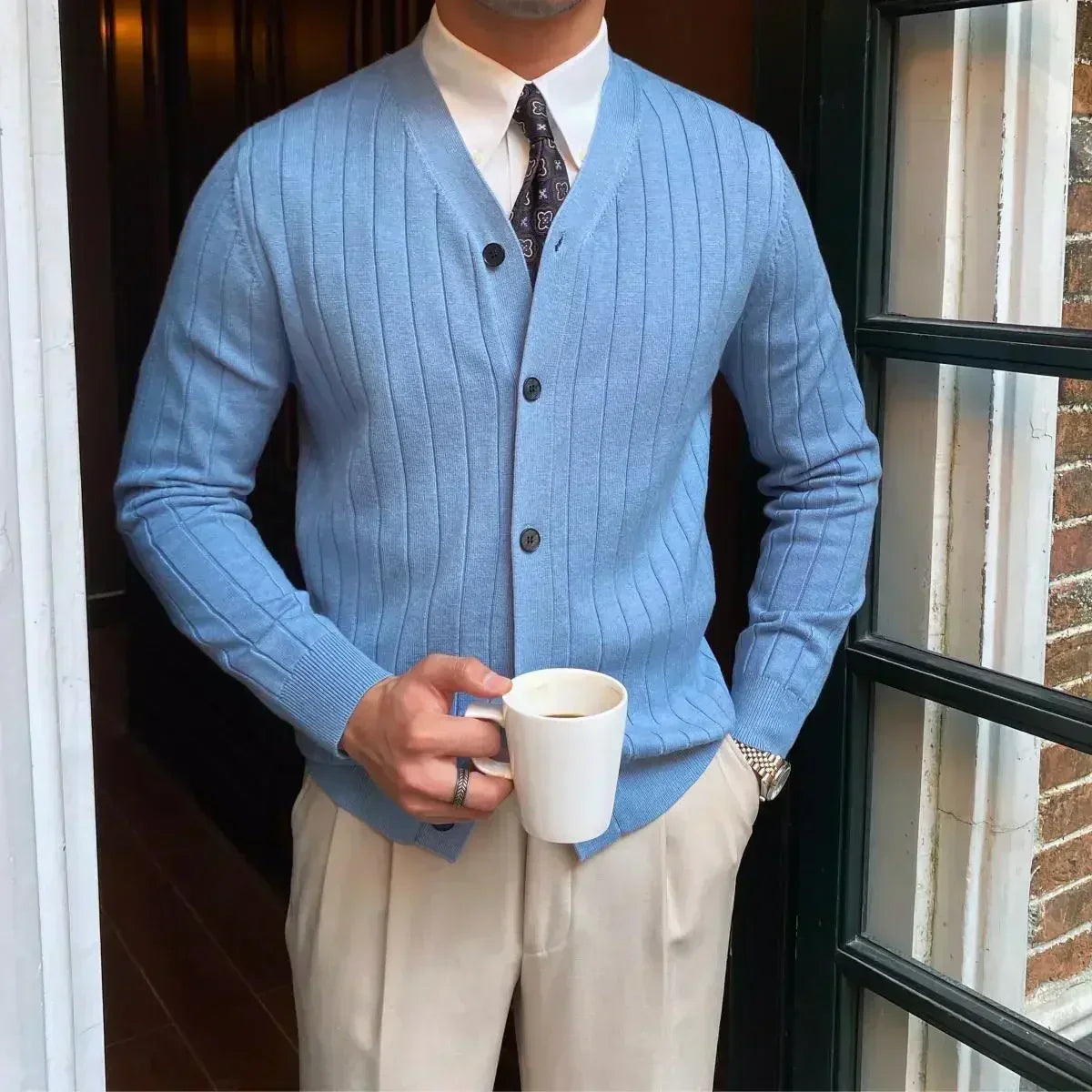 Chaqueta de punto hombre cuello V elegante