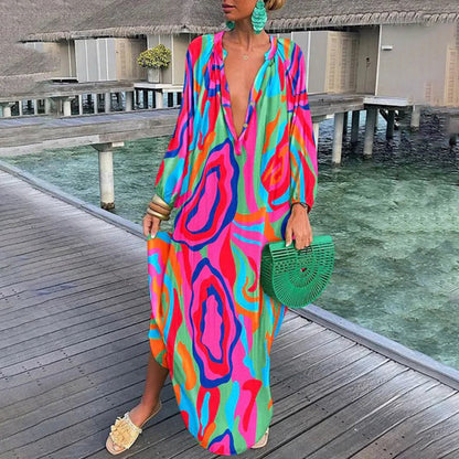 Vestido Elegante Manga Larga Estampado Colorido - Vestiria