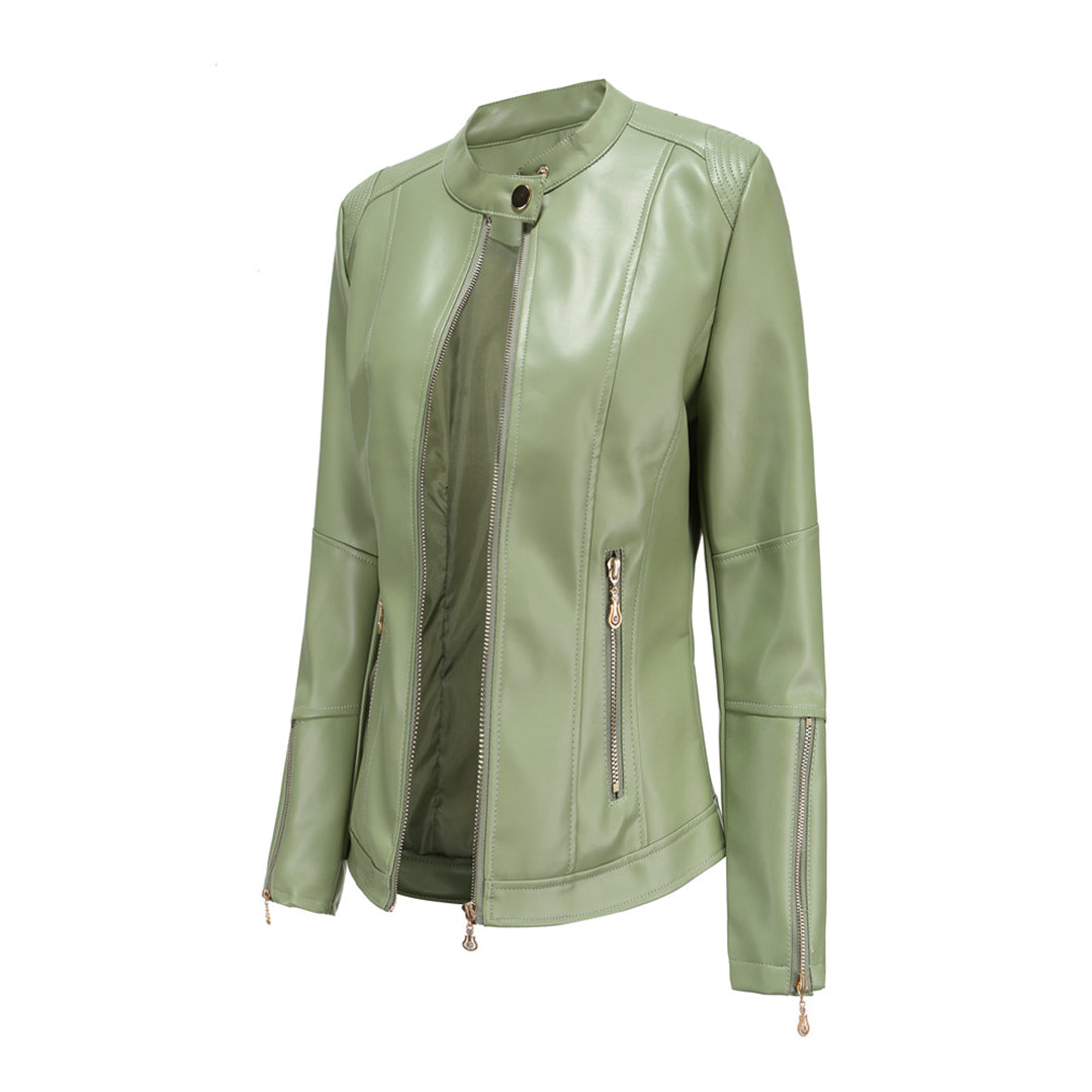 Chaqueta Cuero Mujer Cuello Redondo Clásica