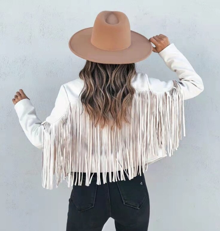 Chaqueta de piel cálida con flecos para mujer