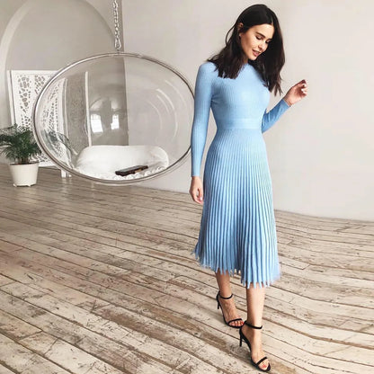 Vestido Midi Punto Elástico con Falda Amplia
