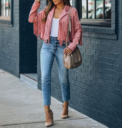 Chaqueta de piel cálida con flecos para mujer