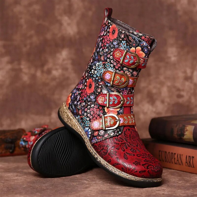 Botas Cuero Estampado Vintage Con Hebilla - Vestiria