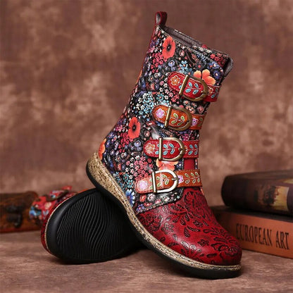 Botas Cuero Estampado Vintage Con Hebilla - Vestiria