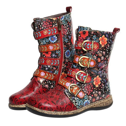 Botas Cuero Estampado Vintage Con Hebilla