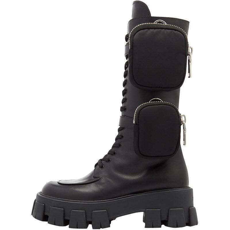Bota Mujer Alta de Cuero Negro con Bolsillo