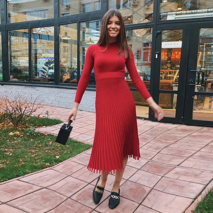 Vestido Midi Punto Elástico con Falda Amplia