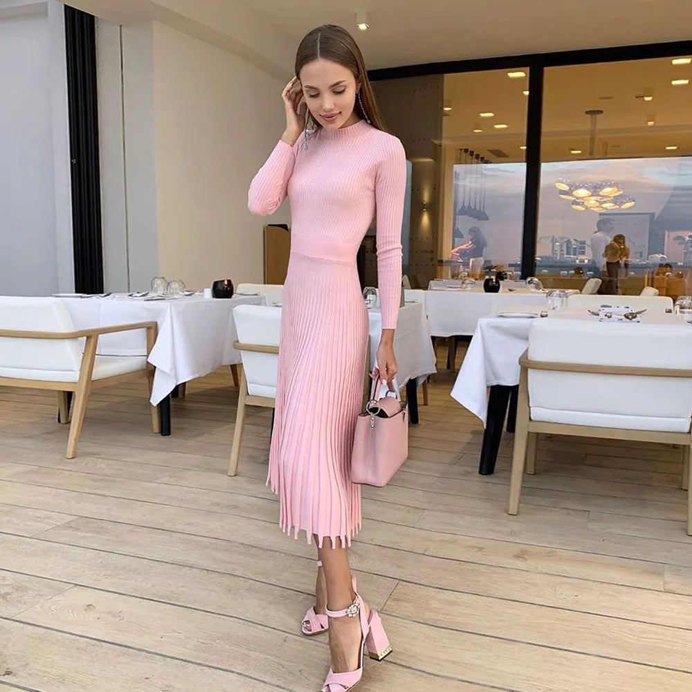 Vestido Midi Punto Elástico con Falda Amplia - Vestiria