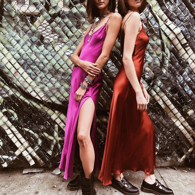 Vestido Largo Satén Elegante con Escote en V - Vestiria
