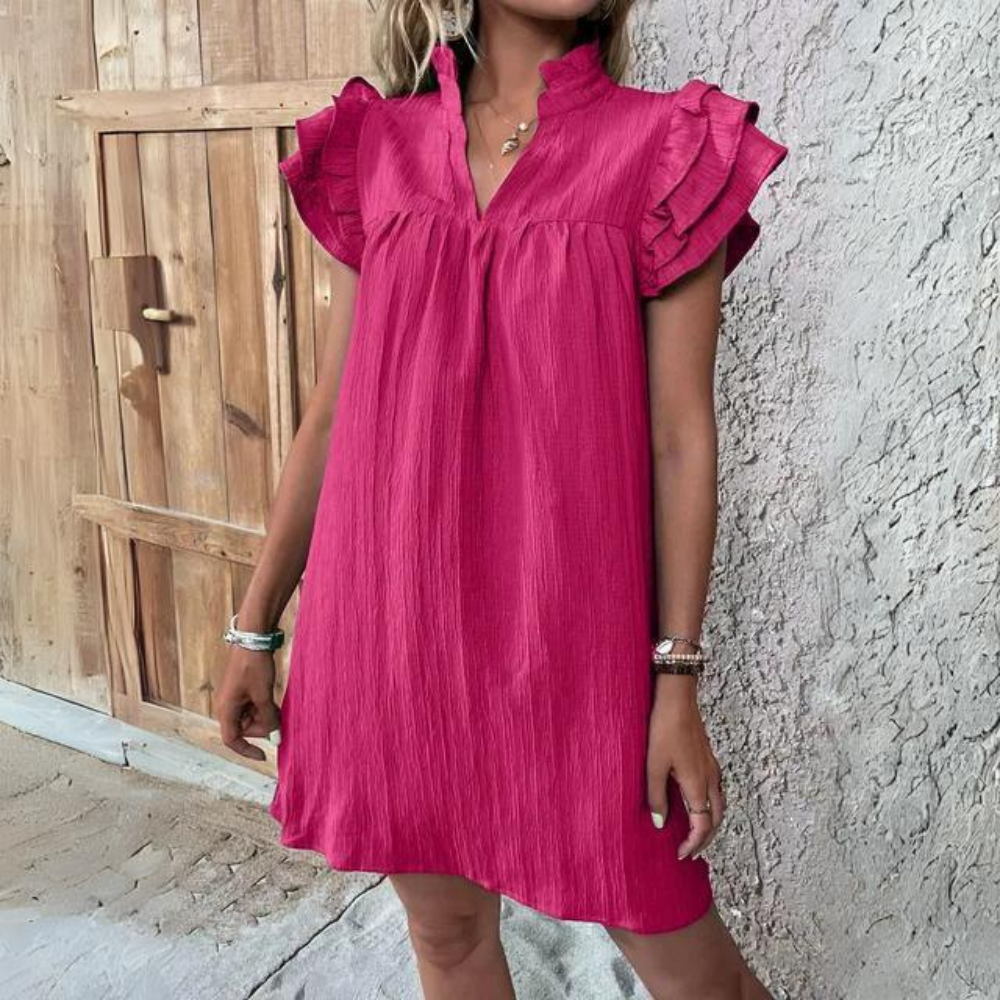 Vestido Corto Floral con Volante y Cuello en V - Vestiria