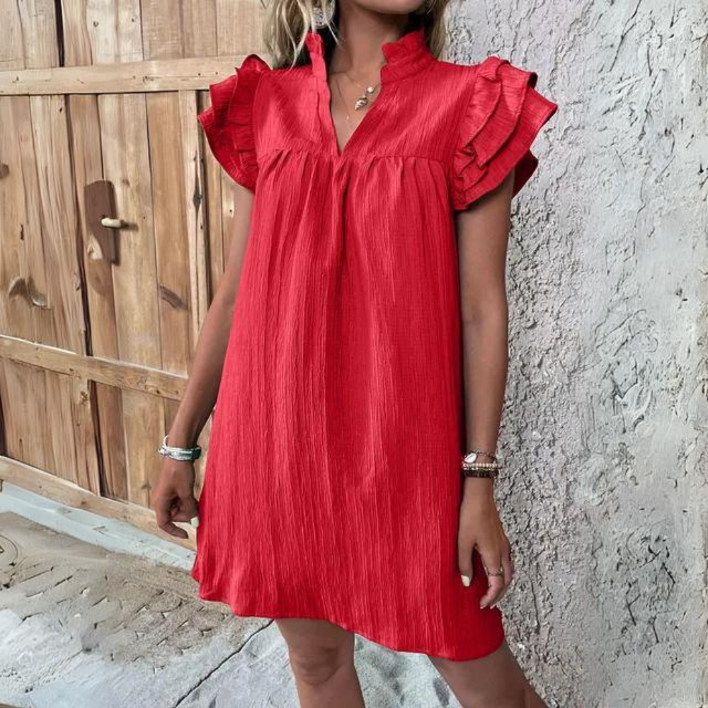 Vestido Corto Floral con Volante y Cuello en V