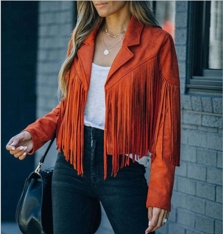 Chaqueta de piel cálida con flecos para mujer