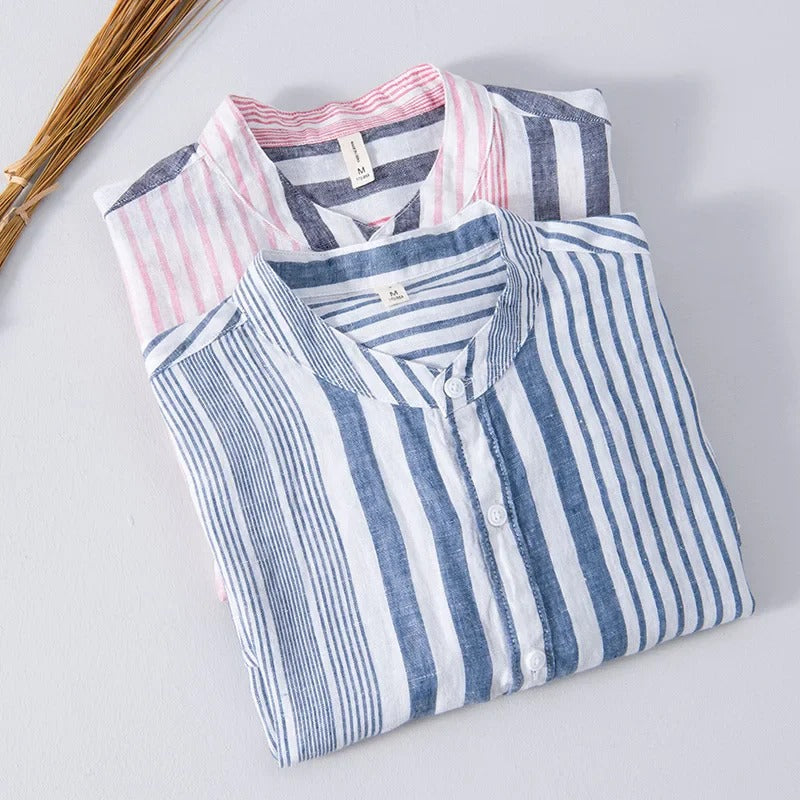Camisa Hombre Lino Clásica Rosa Azul - Vestiria