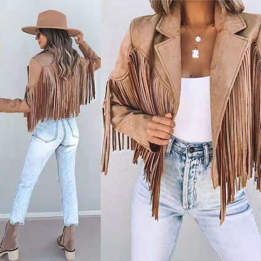 Chaqueta de piel cálida con flecos para mujer - Vestiria