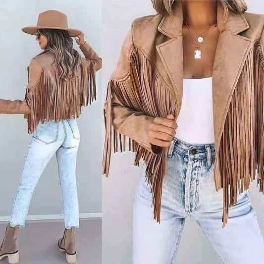 Chaqueta de piel cálida con flecos para mujer - Vestiria
