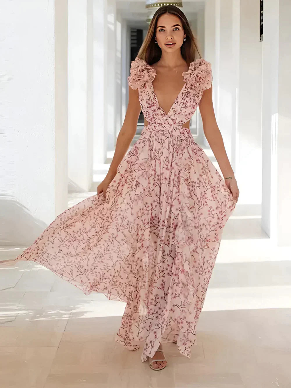 Vestido Maxi Elegante con Volantes Románticos