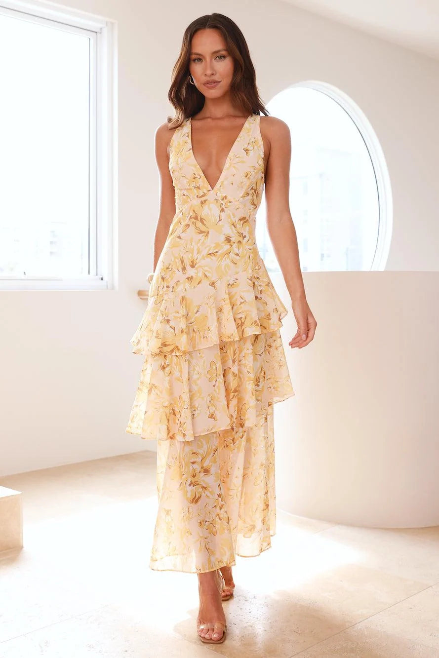 Vestido Fiesta Verano Florido Amarillo