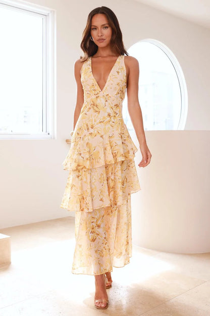 Vestido Fiesta Verano Florido Amarillo