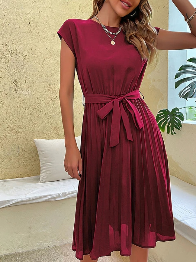 Vestido Elegante Manga Corta Cinturón Diseño - Vestiria
