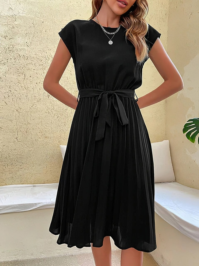 Vestido Elegante Manga Corta Cinturón Diseño