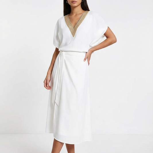 Vestido Blanco Midi Elegante Cruzado Mujer - Clara Moda