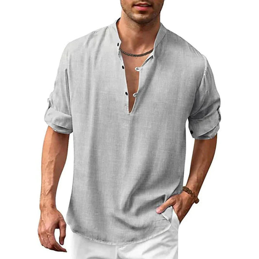 Camisa Hombre Manga Corta Cuello Alto Casual - Vestiria