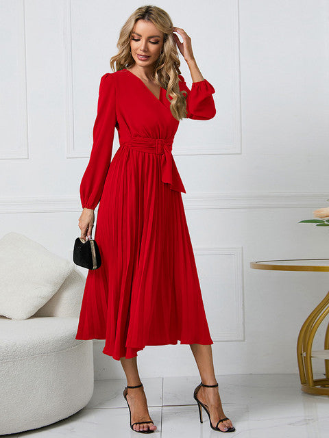 Vestido Plisado Cintura Ajustada Mujer