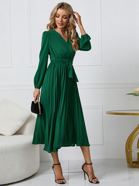 Vestido Plisado Cintura Ajustada Mujer