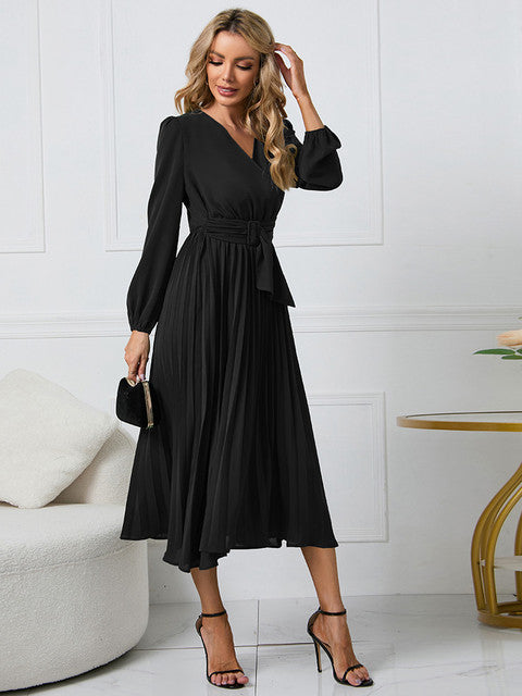 Vestido Plisado Cintura Ajustada Mujer