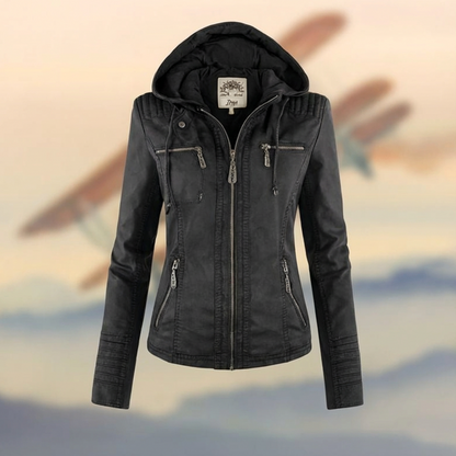 Chaqueta Cuero Mujer con Capucha Abrigo