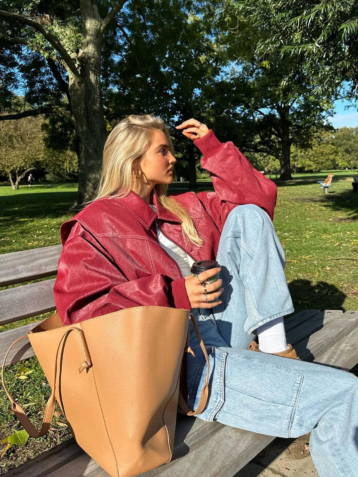 Chaqueta Mujer Cuero Falso Oversize Moderna - Vestiria