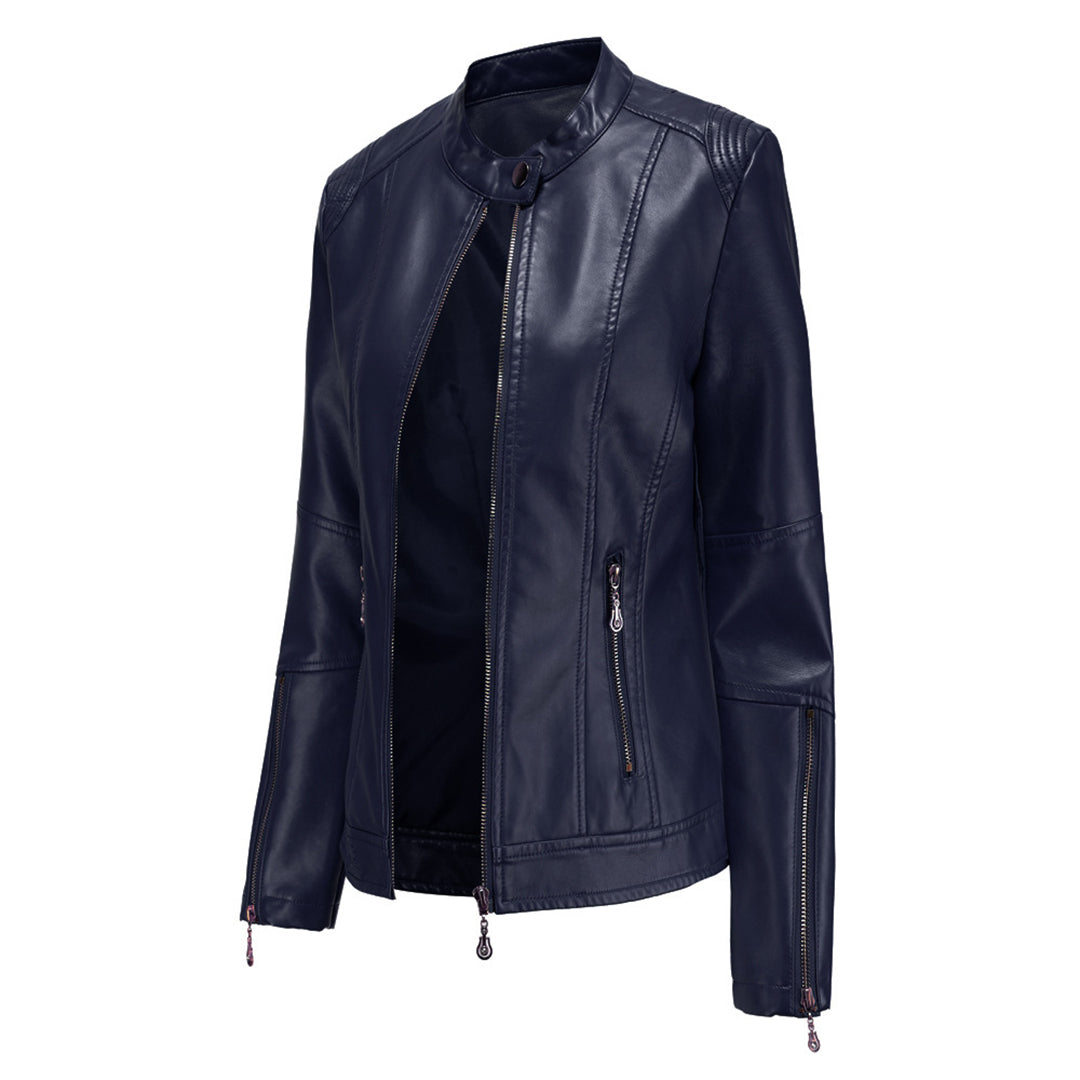 Chaqueta Cuero Mujer Cuello Redondo Clásica