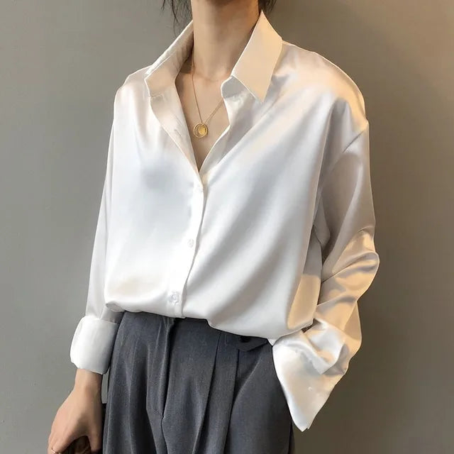 Blusa Mujer Satén Elegante Manga Larga