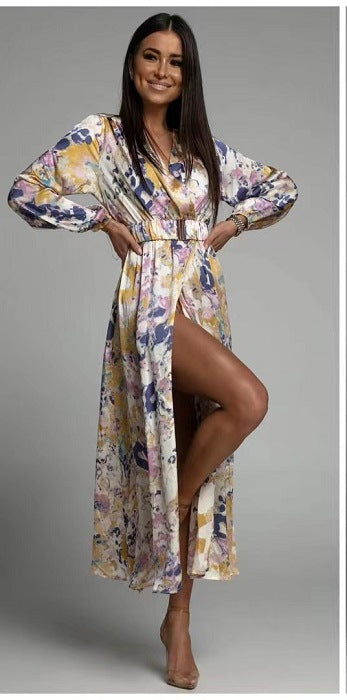 Vestido Elegante Largo con Escote en V Cinturado