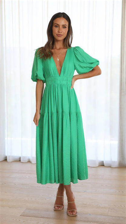 Vestido Mujer Cuello V y Mangas Rizadas