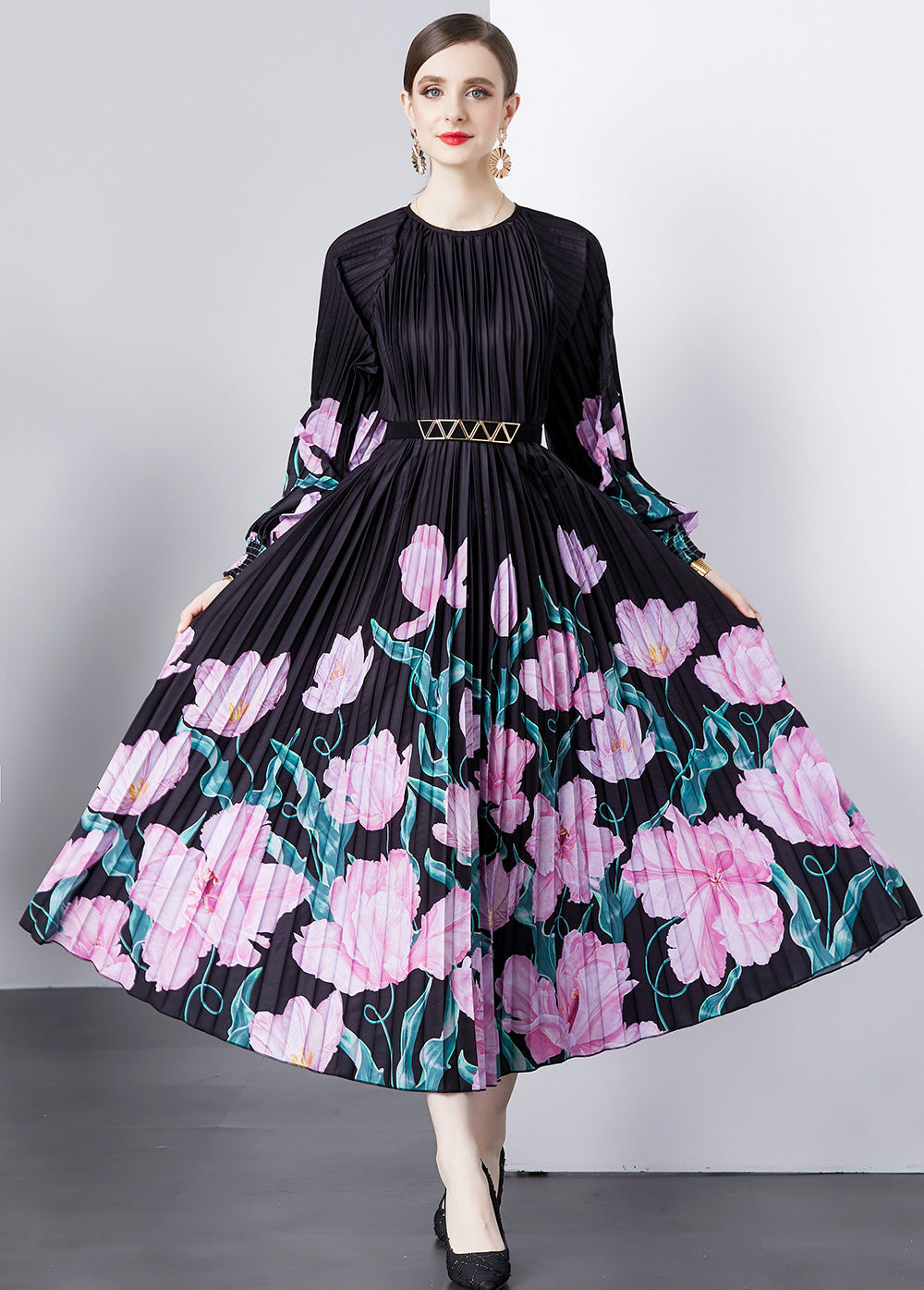 Vestido Boho Estampado Mangas Largas