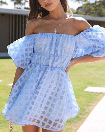 Vestido Corto Estampado a Cuadros con Mangas Voladas