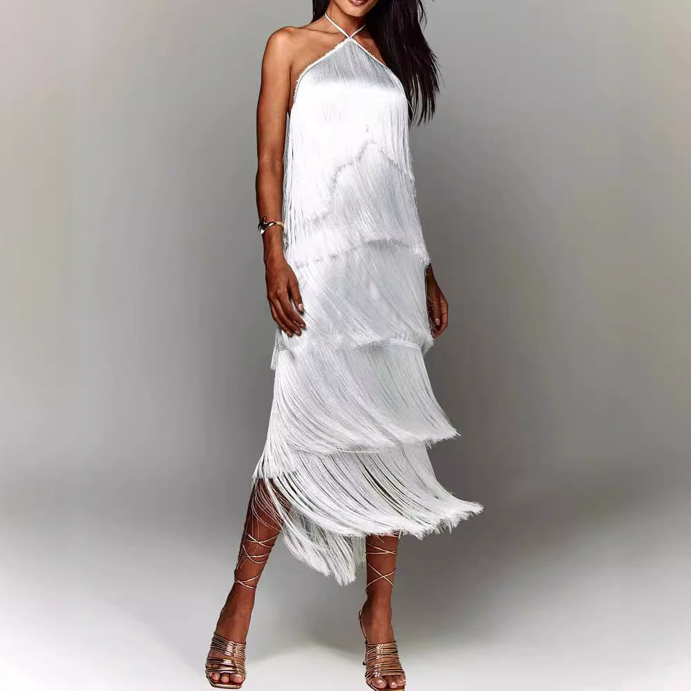 Vestido Fiesta Espalda Abierta con Borlas