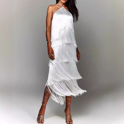 Vestido Fiesta Espalda Abierta con Borlas