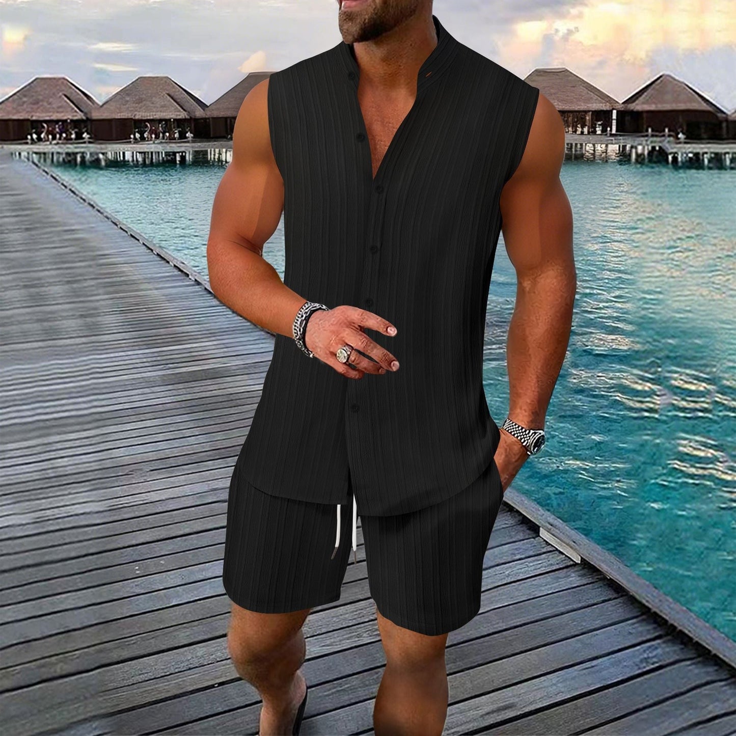 Camiseta sin mangas con botones y pantalón corto hombre - Vestiria