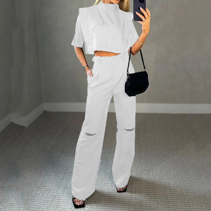 Blusa Corta y Pantalones de Cintura Alta Mujer