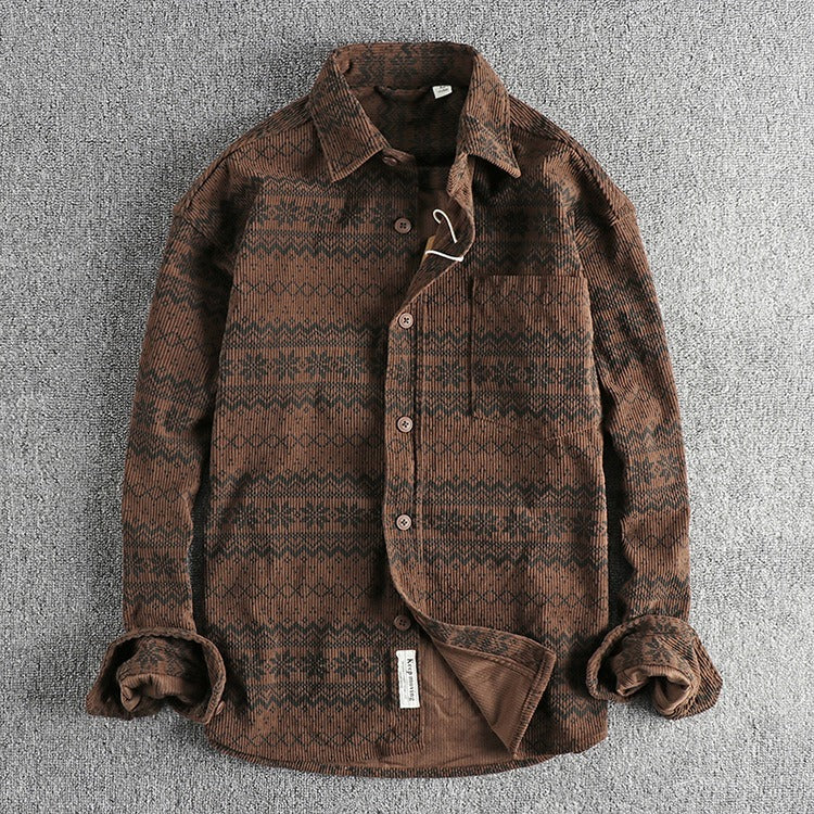 Camisa Hombre Pana Estampado Tribal Manga Larga