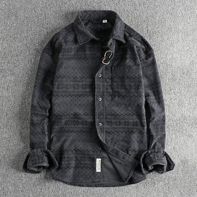 Camisa Hombre Pana Estampado Tribal Manga Larga