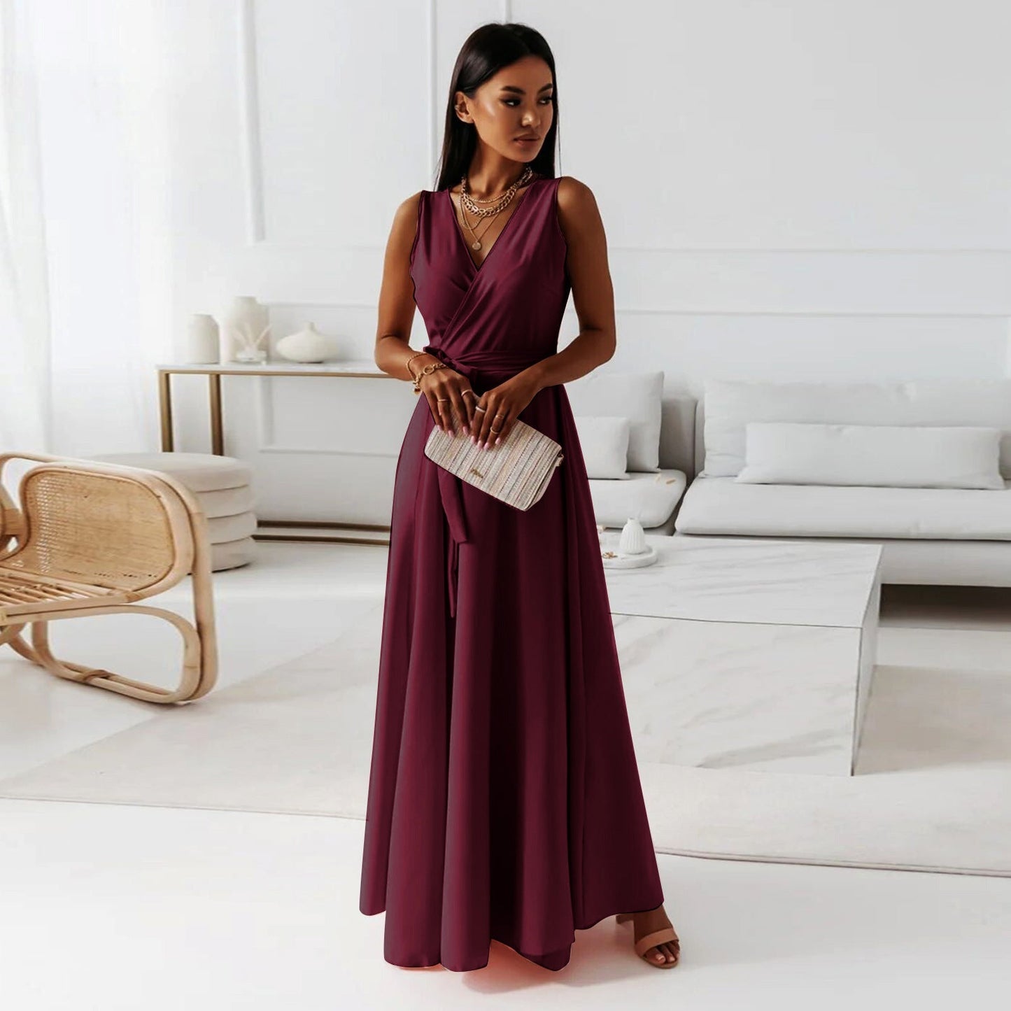 Vestido Mujer Largo Sencillo Cuello en V